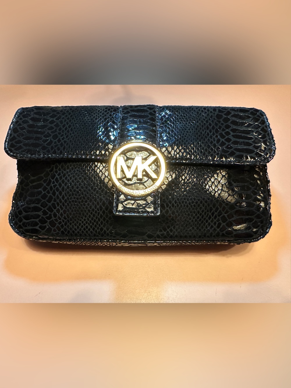 EUC Michael Kors Black Patent Snake-Embossed Shoulder Bag with Gold Logo